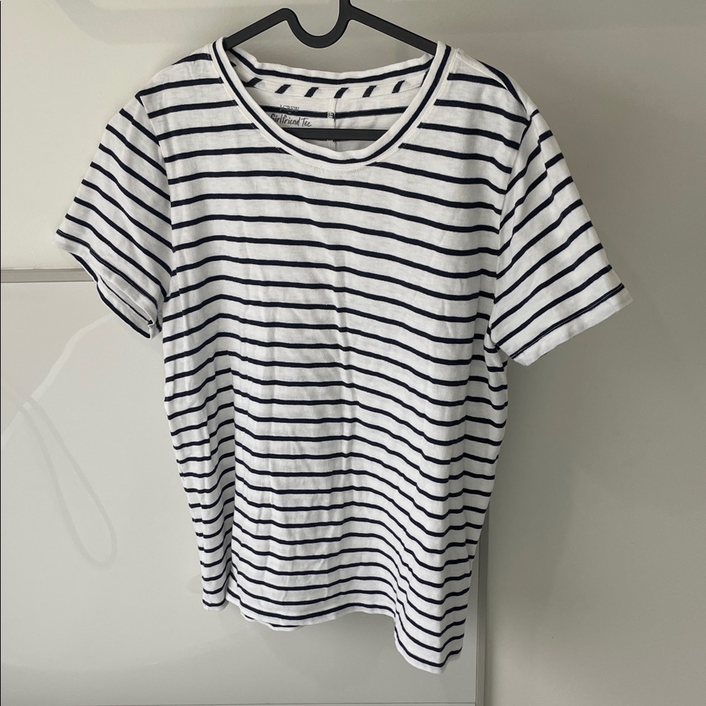 J. Crew White and Navy Striped Girlfriend Tee